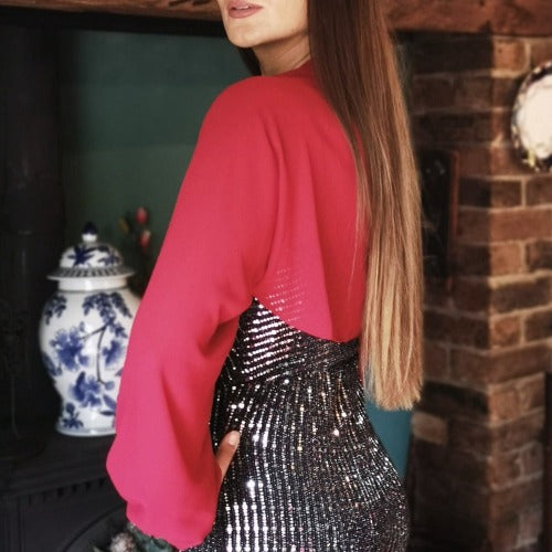Deep red bolero style sleeve in sheer fabric to cover your arms