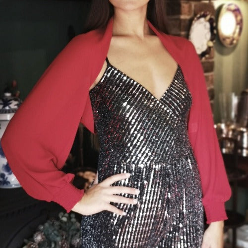 Deep Red bolero style sleeve in sheer fabric to cover your arms