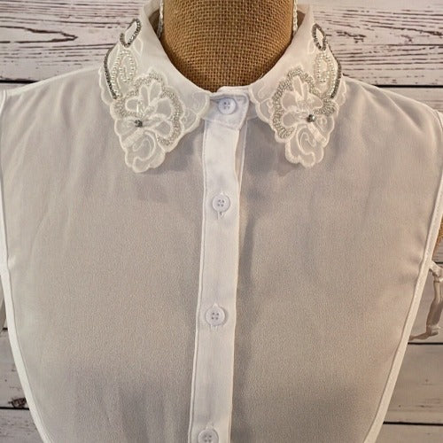 Faux Collar White With Organza, Crystal & Diamante Flower detail