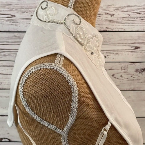Faux Collar White With Organza, Crystal & Diamante Flower detail