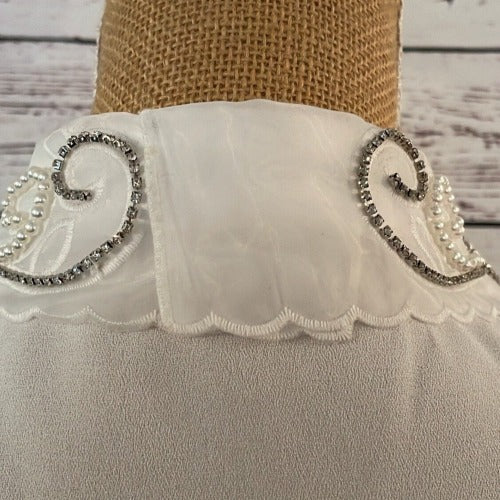 Faux Collar White With Organza, Crystal & Diamante Flower detail