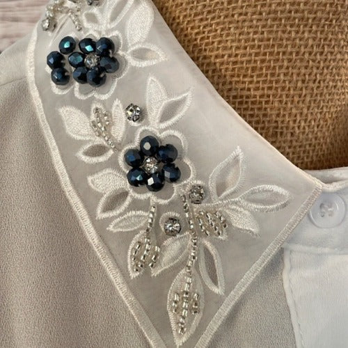 Faux Collar White with Navy Floral and Diamante detail