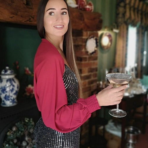 Deep red bolero style sleeve in sheer fabric to cover your arms