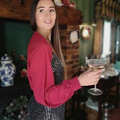 Deep red bolero style sleeve in sheer fabric to cover your arms