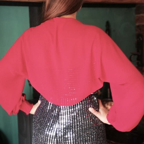 Deep red bolero style sleeve in sheer fabric to cover your arms