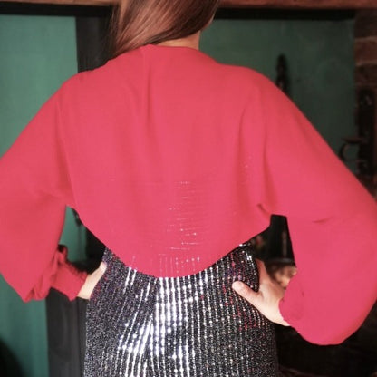 Deep red bolero style sleeve in sheer fabric to cover your arms