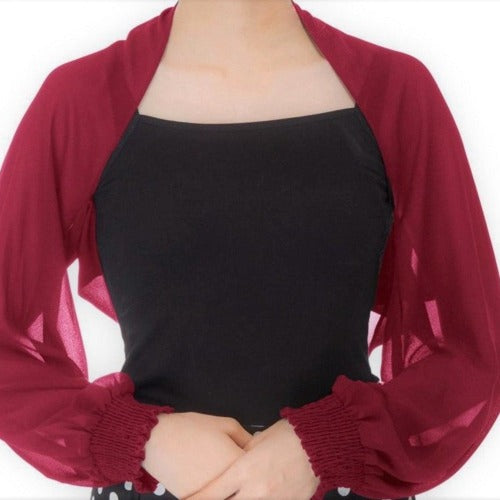 Deep red bolero style sleeve in sheer fabric to cover your arms