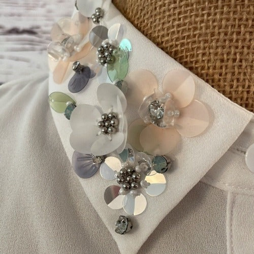 Faux Collar White with Multi Coloured Flower Detail