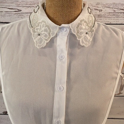 Faux Collar White With Organza, Crystal & Diamante Flower detail